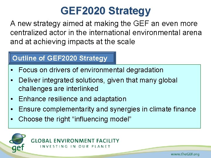 GEF 2020 Strategy A new strategy aimed at making the GEF an even more