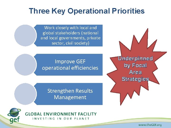 Three Key Operational Priorities Work closely with local and global stakeholders (national and local