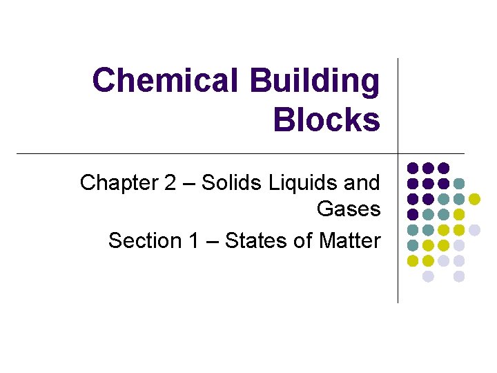 Chemical Building Blocks Chapter 2 – Solids Liquids and Gases Section 1 – States