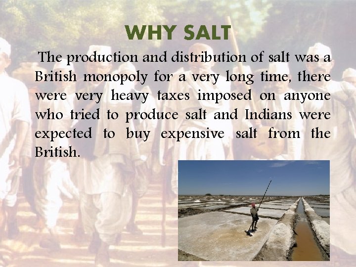 WHY SALT The production and distribution of salt was a British monopoly for a