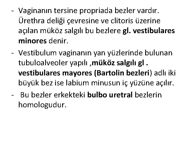 - Vaginanın tersine propriada bezler vardır. Ürethra deliği çevresine ve clitoris üzerine açılan müköz