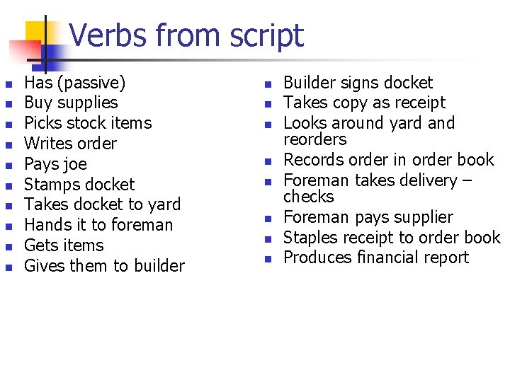 Verbs from script n n n n n Has (passive) Buy supplies Picks stock