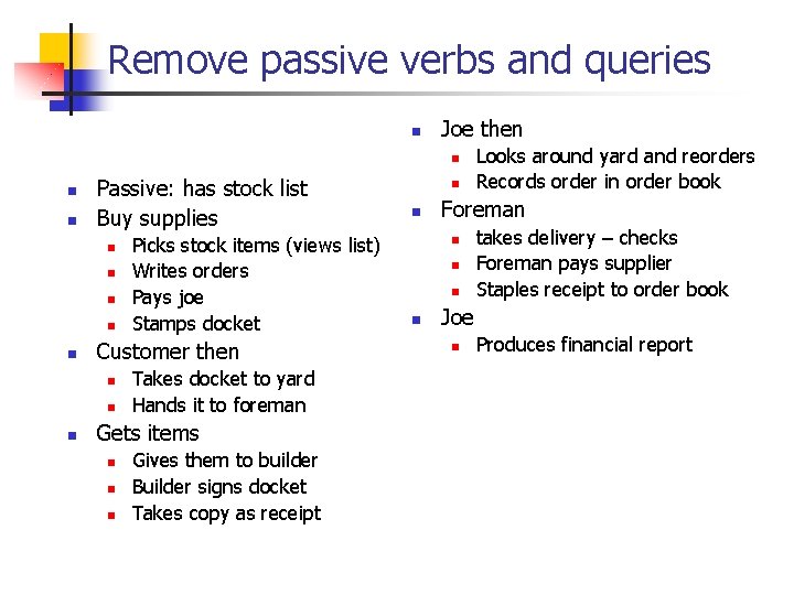 Remove passive verbs and queries n Joe then n Passive: has stock list Buy