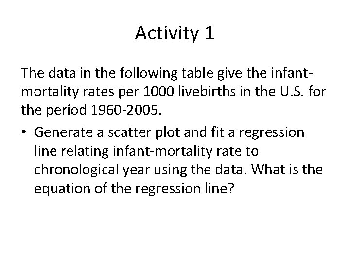 Activity 1 The data in the following table give the infantmortality rates per 1000 Activity 1 The data in the following table give the infantmortality rates per 1000