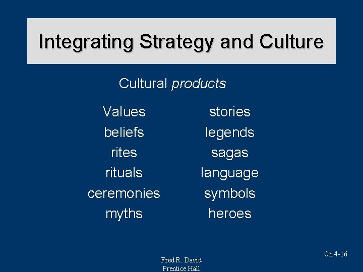 Integrating Strategy and Culture Cultural products Values beliefs rites rituals ceremonies myths stories legends