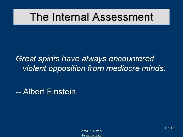 The Internal Assessment Great spirits have always encountered violent opposition from mediocre minds. --