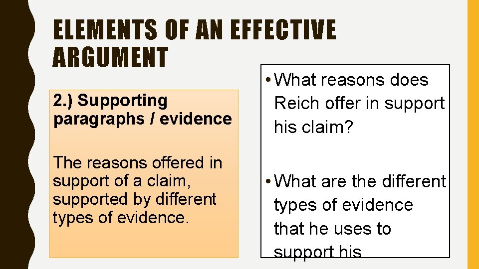 ELEMENTS OF AN EFFECTIVE ARGUMENT 2. ) Supporting paragraphs / evidence The reasons offered ELEMENTS OF AN EFFECTIVE ARGUMENT 2. ) Supporting paragraphs / evidence The reasons offered
