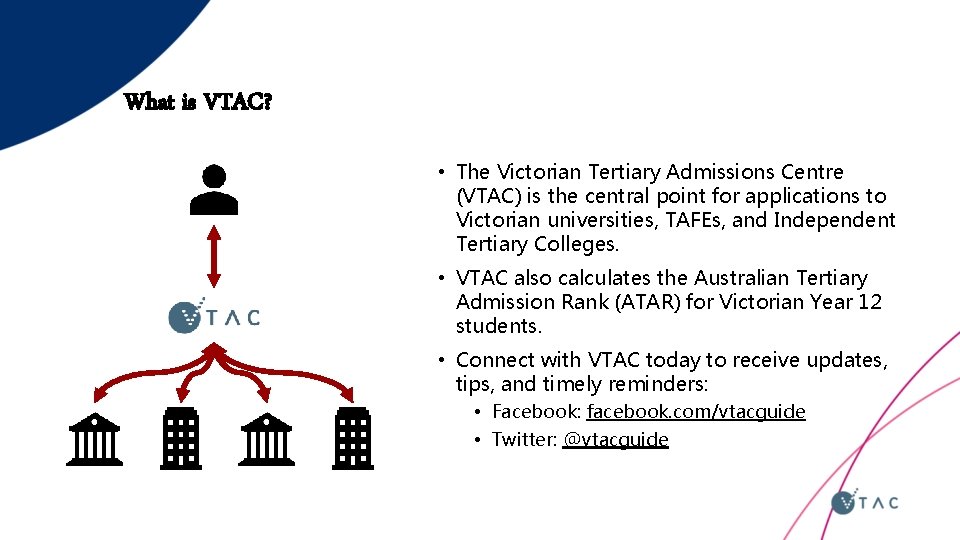 What is VTAC? • The Victorian Tertiary Admissions Centre (VTAC) is the central point