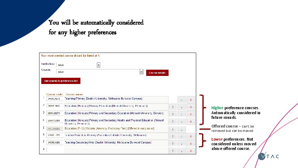 You will be automatically considered for any higher preferences Higher preference courses. Automatically considered