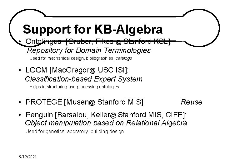 Support for KB-Algebra • Ontolingua [Gruber, Fikes @ Stanford KSL]: Repository for Domain Terminologies