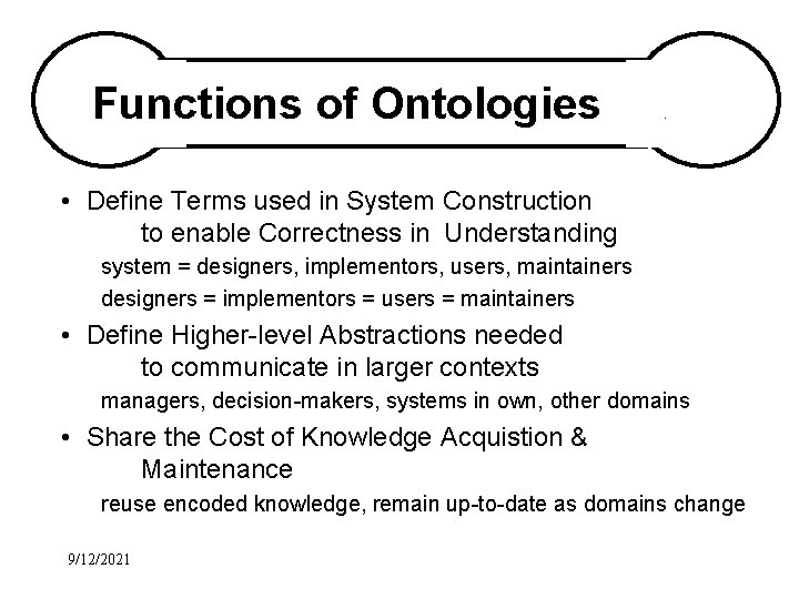 Functions of Ontologies . • Define Terms used in System Construction to enable Correctness