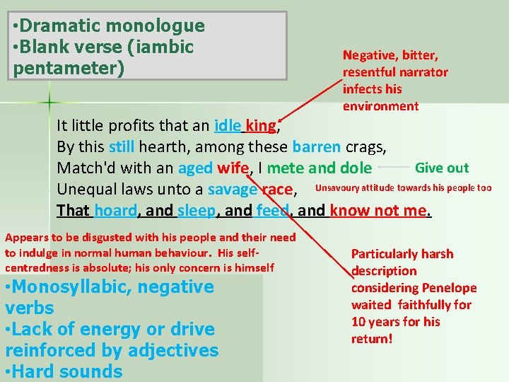  • Dramatic monologue • Blank verse (iambic pentameter) Negative, bitter, resentful narrator infects