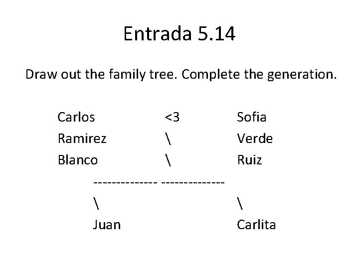 Entrada 5. 14 Draw out the family tree. Complete the generation. Carlos <3 Ramirez