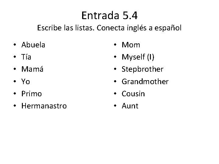 Entrada 5. 4 Escribe las listas. Conecta inglés a español • • • Abuela