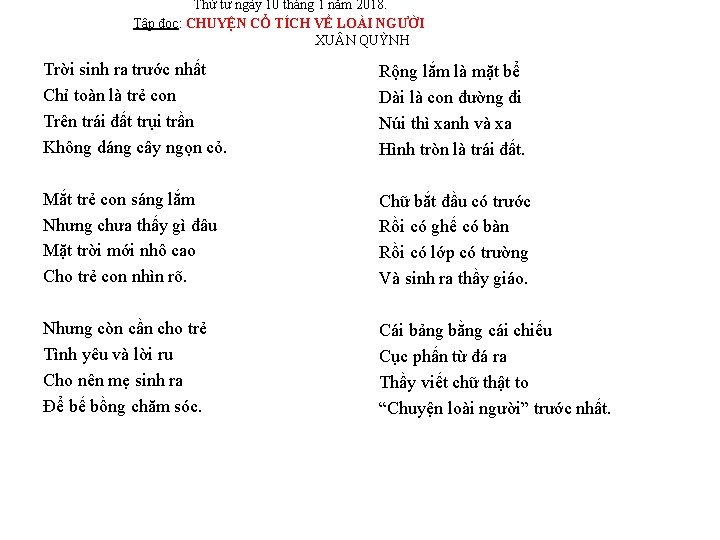 Thứ tư ngày 10 tháng 1 năm 2018. Tập đọc: CHUYỆN CỔ TÍCH VỀ