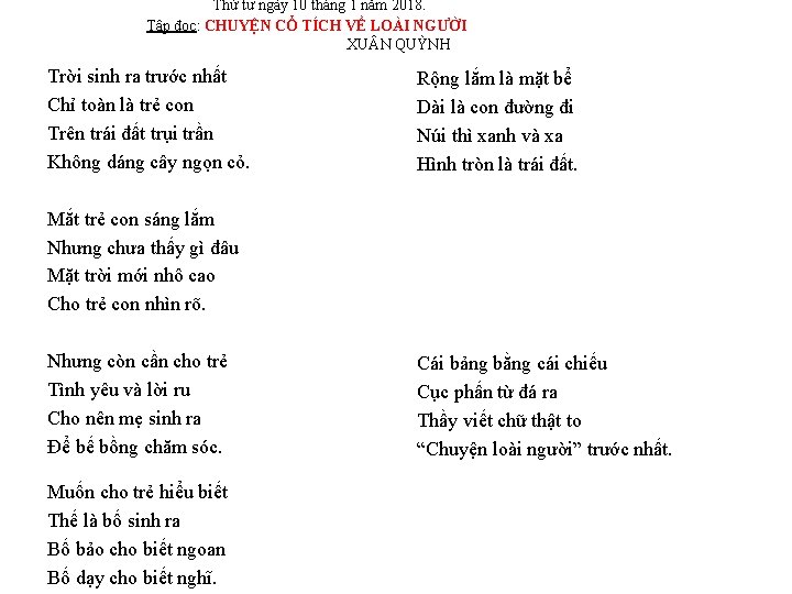 Thứ tư ngày 10 tháng 1 năm 2018. Tập đọc: CHUYỆN CỔ TÍCH VỀ