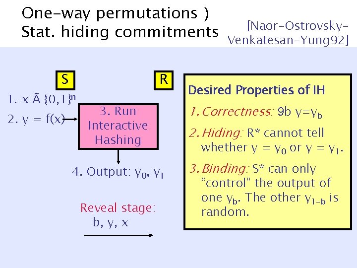 One-way permutations ) Stat. hiding commitments S 1. x Ã R {0, 1}n 2.