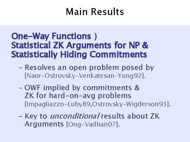 Main Results One-Way Functions ) Statistical ZK Arguments for NP & Statistically Hiding Commitments