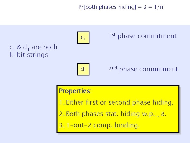 Pr[both phases hiding] = = 1/n c 1 1 st phase commitment d 1