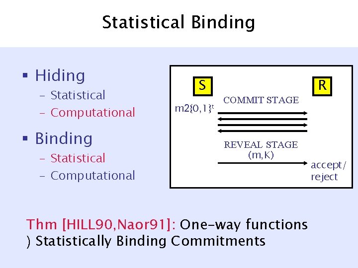 Statistical Binding § Hiding – Statistical – Computational § Binding – Statistical – Computational