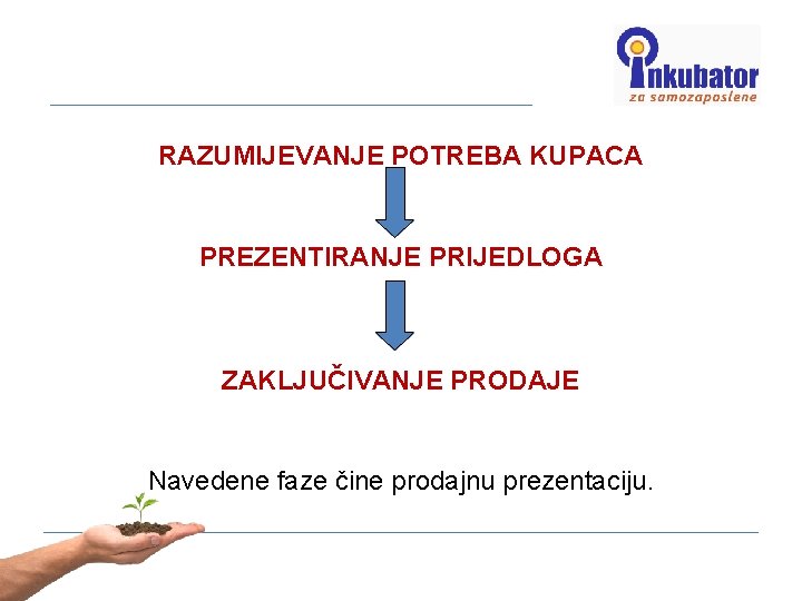 RAZUMIJEVANJE POTREBA KUPACA PREZENTIRANJE PRIJEDLOGA ZAKLJUČIVANJE PRODAJE Navedene faze čine prodajnu prezentaciju. 