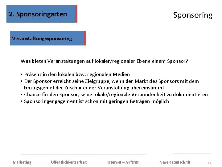 2. Sponsoringarten Sponsoring Veranstaltungssponsoring Was bieten Veranstaltungen auf lokaler/regionaler Ebene einem Sponsor? • Präsenz