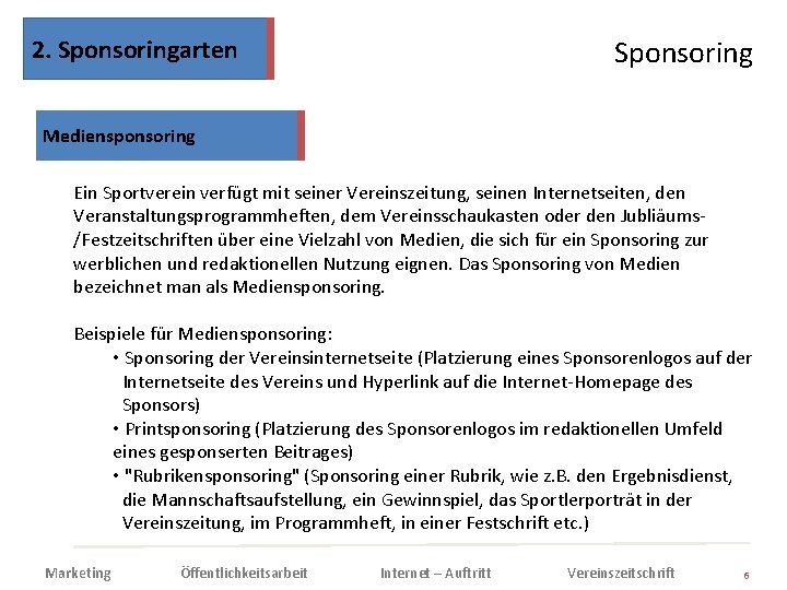 2. Sponsoringarten Sponsoring Mediensponsoring Ein Sportverein verfügt mit seiner Vereinszeitung, seinen Internetseiten, den Veranstaltungsprogrammheften,