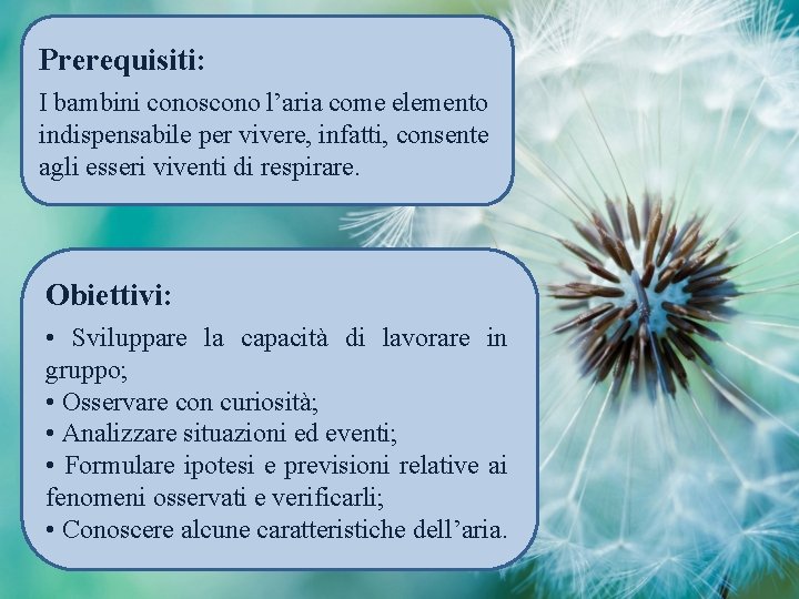 Prerequisiti: I bambini conoscono l’aria come elemento indispensabile per vivere, infatti, consente agli esseri