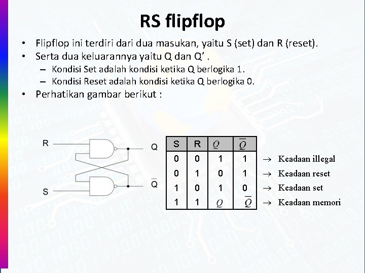 RS flipflop • Flipflop ini terdiri dari dua masukan, yaitu S (set) dan R