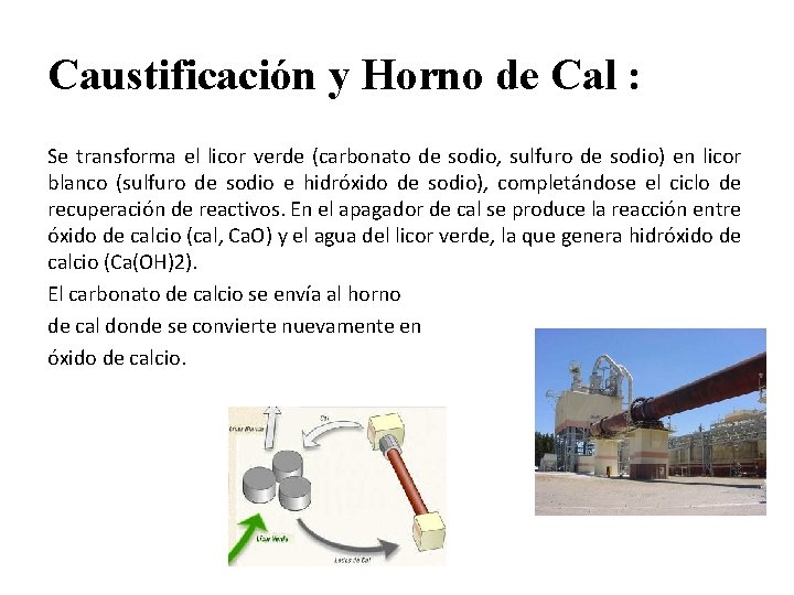 Caustificación y Horno de Cal : Se transforma el licor verde (carbonato de sodio,