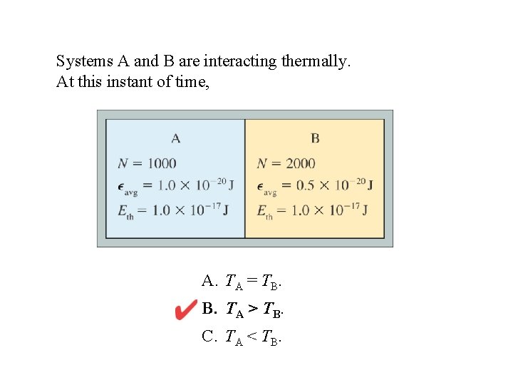 Systems A and B are interacting thermally. At this instant of time, A. TA