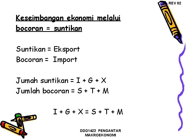 REV 02 Keseimbangan ekonomi melalui bocoran = suntikan Suntikan = Eksport Bocoran = Import