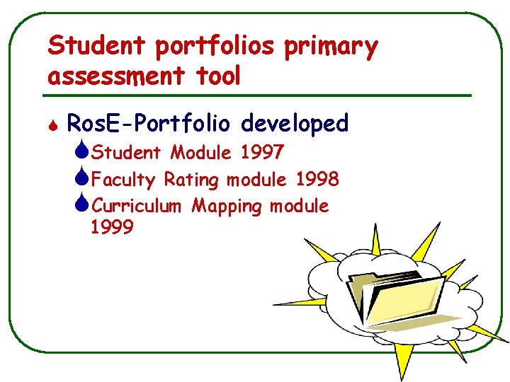Student portfolios primary assessment tool S Ros. E-Portfolio developed SStudent Module 1997 SFaculty Rating