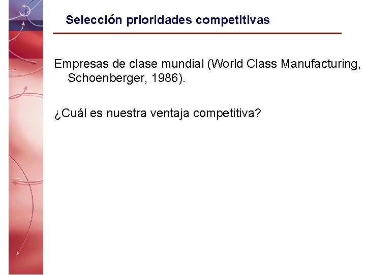 Selección prioridades competitivas Empresas de clase mundial (World Class Manufacturing, Schoenberger, 1986). ¿Cuál es