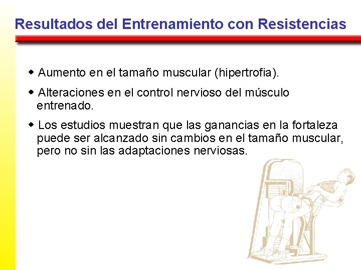 Resultados del Entrenamiento con Resistencias w Aumento en el tamaño muscular (hipertrofia). w Alteraciones