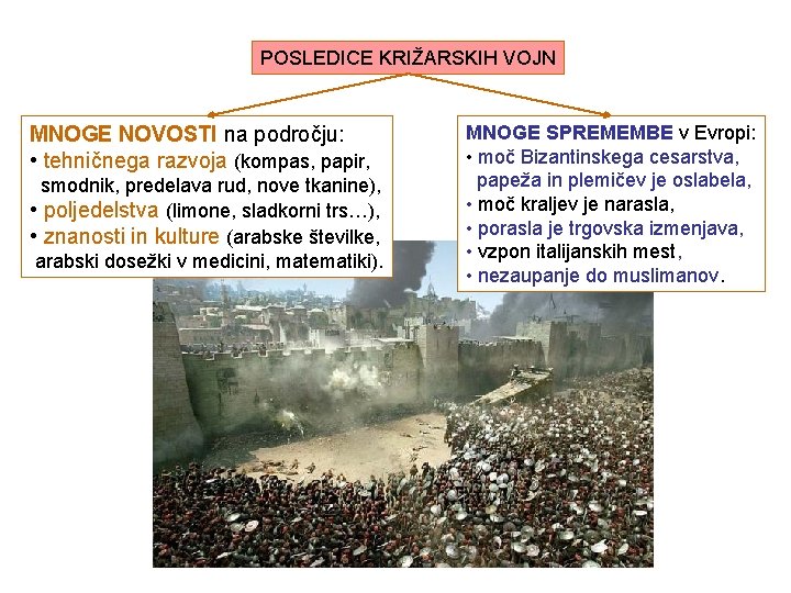 POSLEDICE KRIŽARSKIH VOJN MNOGE NOVOSTI na področju: • tehničnega razvoja (kompas, papir, smodnik, predelava