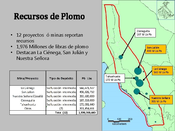 Recursos de Plomo Cieneguita 187 M Lb Pb • 12 proyectos ó minas reportan