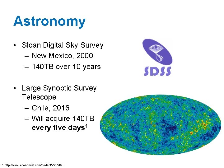 Astronomy • Sloan Digital Sky Survey – New Mexico, 2000 – 140 TB over