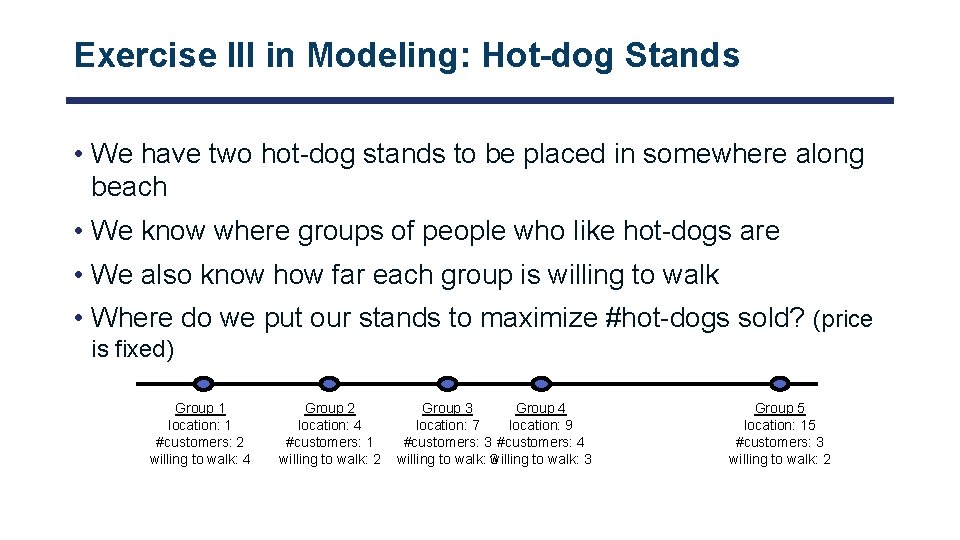 Exercise III in Modeling: Hot-dog Stands • We have two hot-dog stands to be