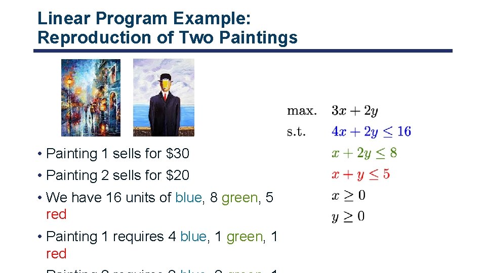 Linear Program Example: Reproduction of Two Paintings • Painting 1 sells for $30 •