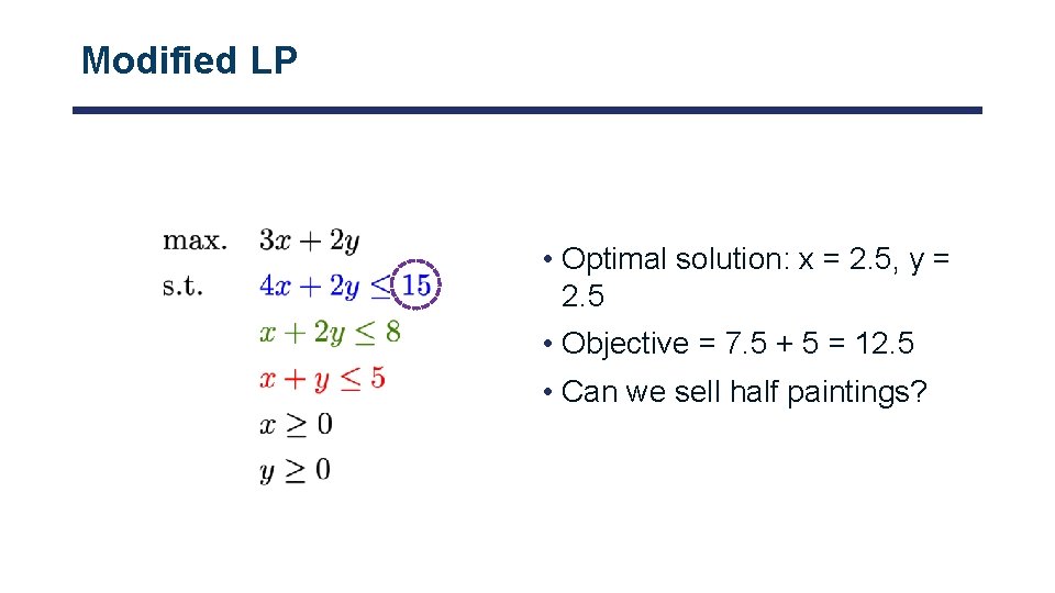 Modified LP • Optimal solution: x = 2. 5, y = 2. 5 •