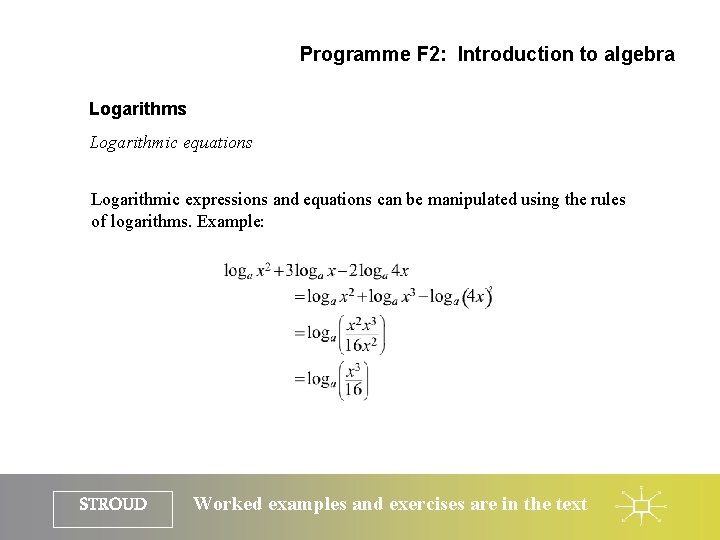 Programme F 2: Introduction to algebra Logarithms Logarithmic equations Logarithmic expressions and equations can