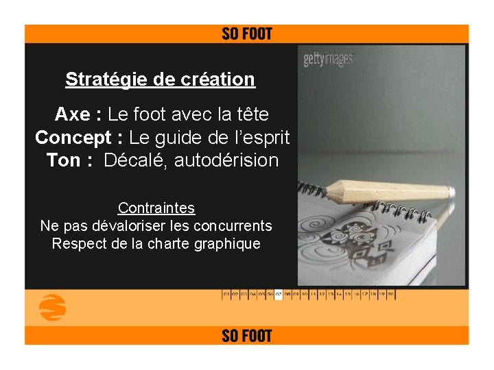 Stratégie de création Axe : Le foot avec la tête Concept : Le guide