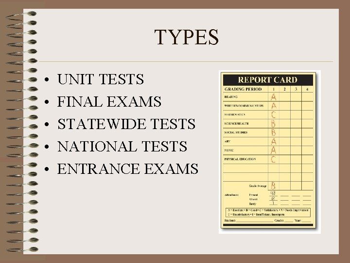 TYPES • • • UNIT TESTS FINAL EXAMS STATEWIDE TESTS NATIONAL TESTS ENTRANCE EXAMS