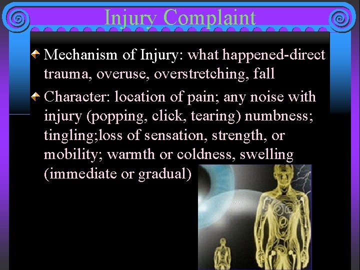 Injury Complaint Mechanism of Injury: what happened-direct trauma, overuse, overstretching, fall Character: location of
