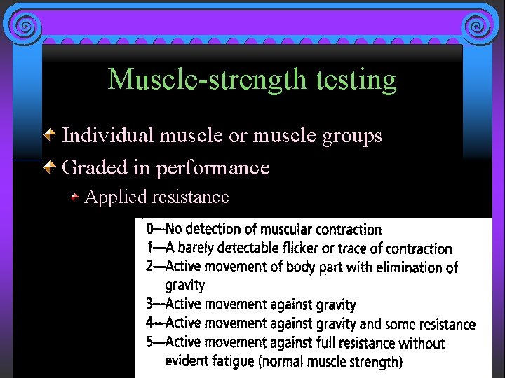 Muscle-strength testing Individual muscle or muscle groups Graded in performance Applied resistance 