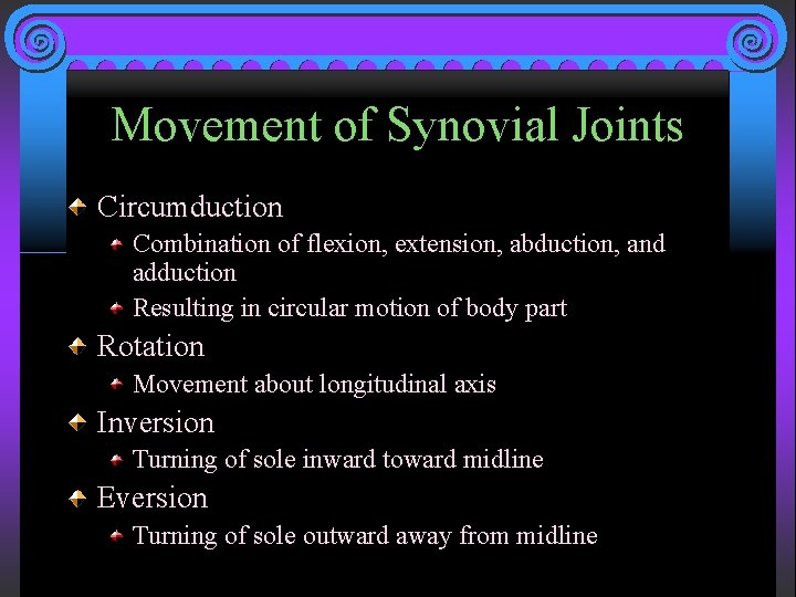 Movement of Synovial Joints Circumduction Combination of flexion, extension, abduction, and adduction Resulting in