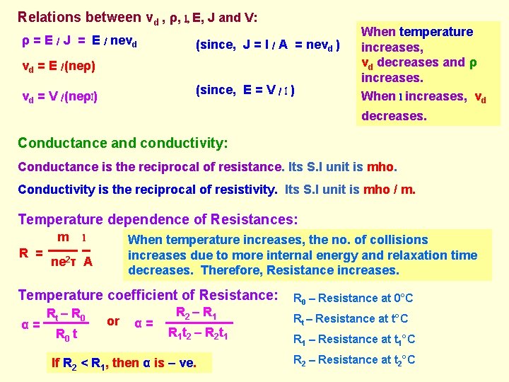Relations between vd , ρ, l, E, J and V: ρ = E /