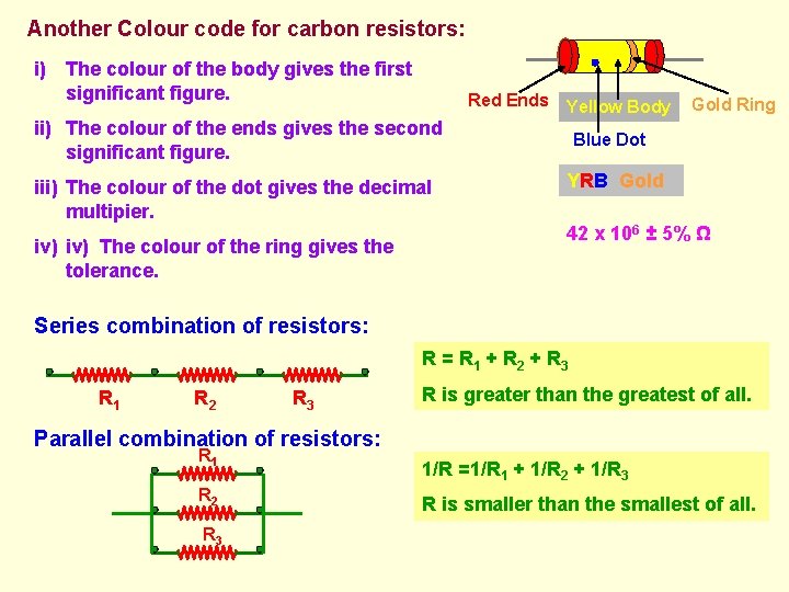 Another Colour code for carbon resistors: i) The colour of the body gives the