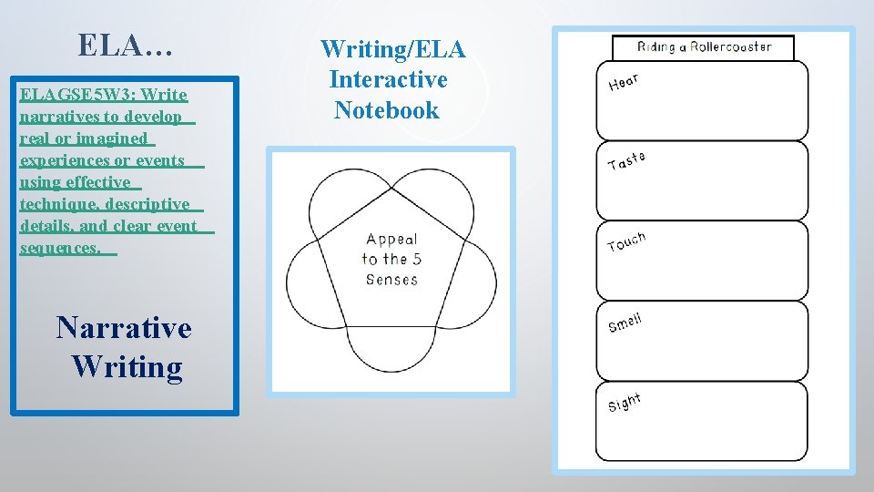 ELA… ELAGSE 5 W 3: Write narratives to develop real or imagined experiences or